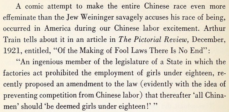 TiresianLaddie's tweet photo. A state legislator proposed an amendment in 1921 to legally classify all Chinese men as "girls under eighteen". https://t.co/HphTxHI7Y7