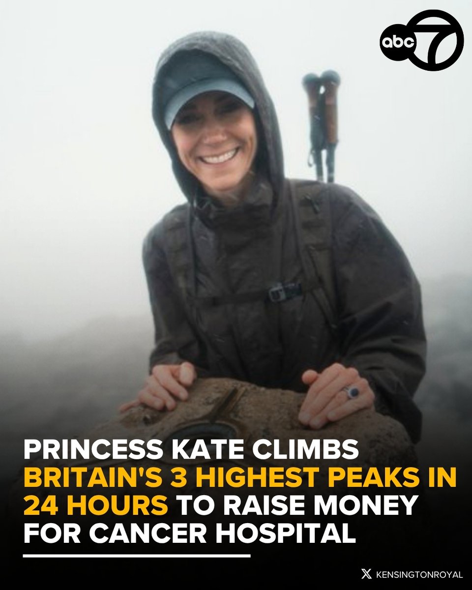 ABC7's tweet photo. Catherine, Princess of Wales, completed Britain's arduous Three Peaks Challenge over the weekend to support the hospital where she underwent cancer treatment two years ago.

"Lots of people have asked me why I'm doing this challenge," she said in a video message posted on Sunday. "Partly it's personal - I'm so grateful to be here, to be strong enough to walk these hills. But, more importantly, it's to give something back and acknowledge all the incredible work going on up and down this country." https://t.co/uumfpuZ6GD