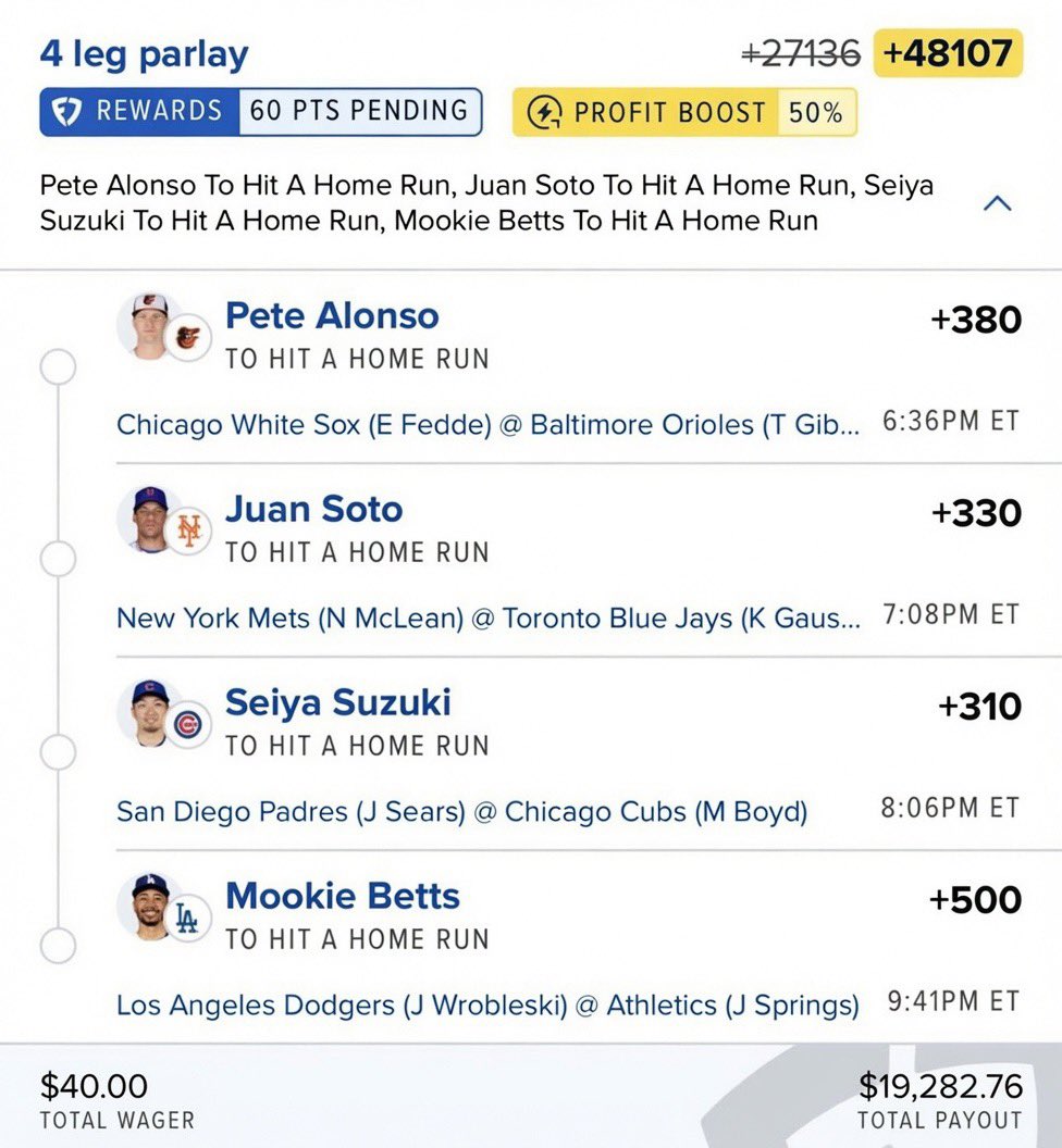 FcSlips's tweet photo. $40 ➡️ $19,282 💰

Chasing 4 dingers tonight ⚾️🔥

Let’s eat.🍽️
@Playbook https://t.co/hDKVYPtYJZ