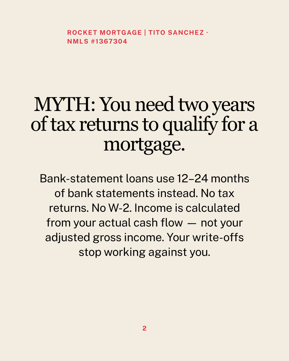TitoSanchez14's tweet photo. Self-employed and been told no? Bank-statement loans don't need tax returns or W-2s.

Swipe for the 3 myths that kept you from qualifying. https://t.co/yzjBPrl1M0