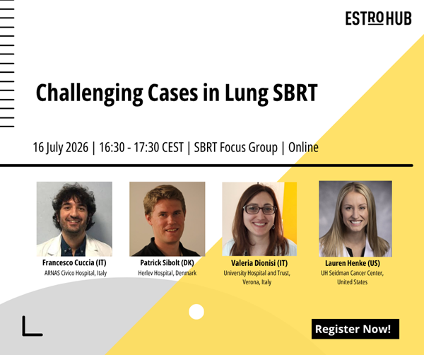 ESTRO_RT's tweet photo. 📢 Join the ESTRO webinar "Challenging Cases in Lung SBRT" on 16 July.

Explore expert insights into managing complex lung SBRT cases, including central and ultracentral tumours.

📅 16 July | 🕟 16:30–17:30 CEST | 💻 Online

🔗 https://t.co/GxXHFADwjy

#SBRT #LungCancer https://t.co/jJN6hsXHOr