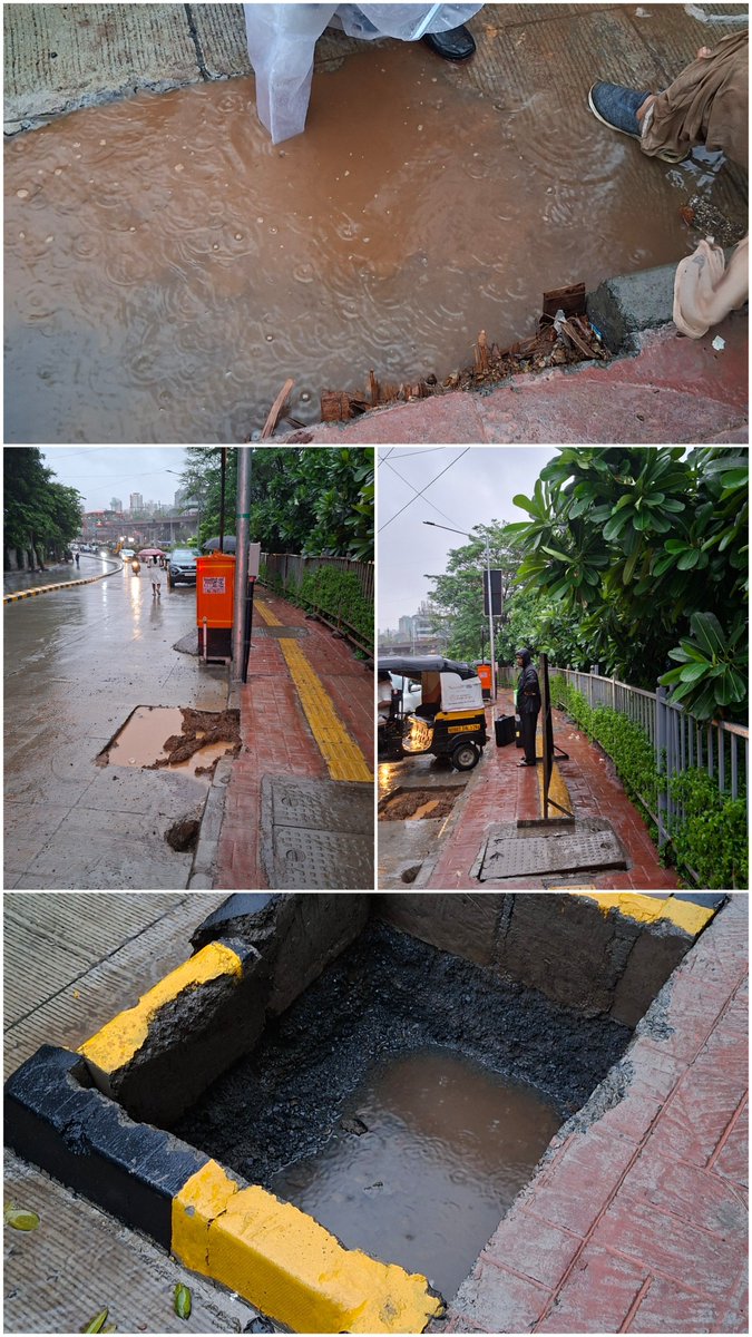 hampidumpty's tweet photo. Service road opp Morgan Stanley Goregaon. Area earmarked for plants remains empty and gets filled up with water due to rains. Some of them are size of a ditch. Poor lady had a fall and got herself injured. Who's accountable to her and several others? @mybmc @mybmcInfra https://t.co/4sfdNmfEPS
