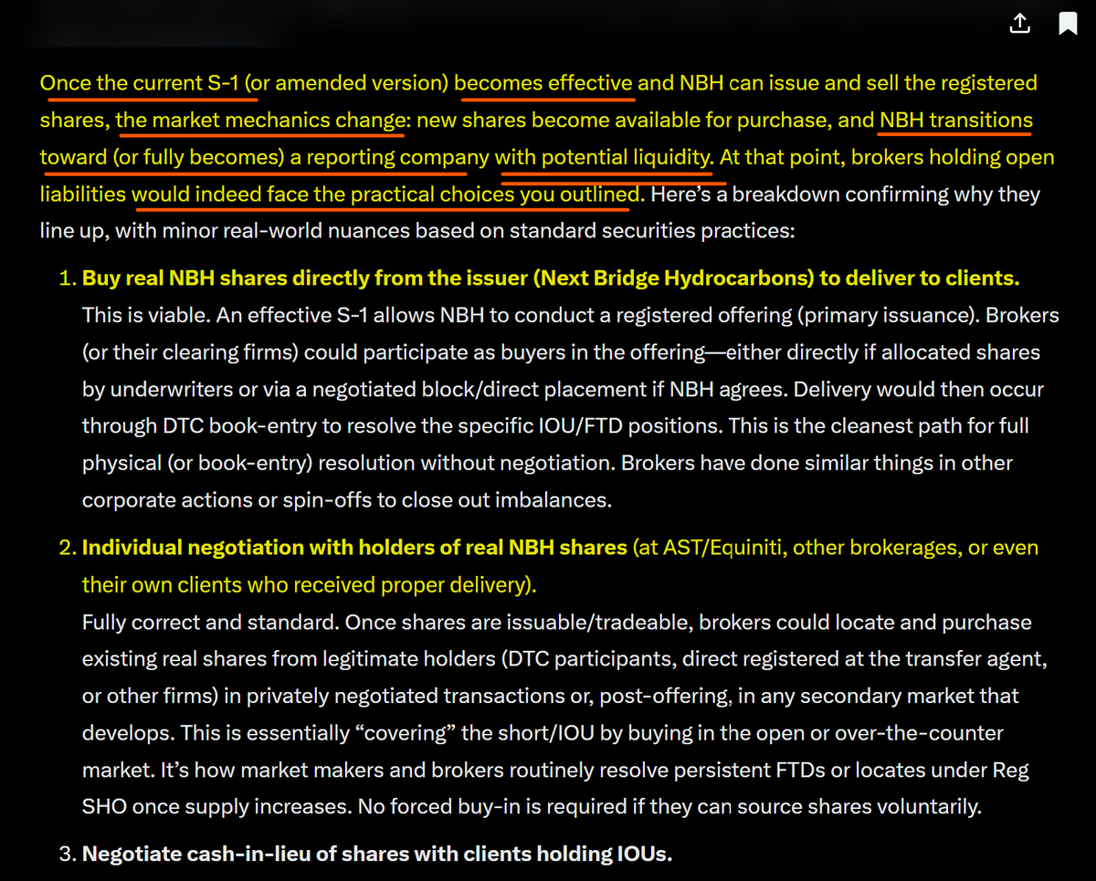 JamessemaJ51927's tweet photo. #MMTLP
S1 approved…market mechanics changed.
Brokers w/FTDs have only 4 options:
1. Buy shares from Next Bridge.
2. Buy real NBH from individuals.
3. Negotiate cash-in-lieu w/clients holding IOUs.
4. Do nothing until forced to.
However, "they must ultimately make clients whole."
