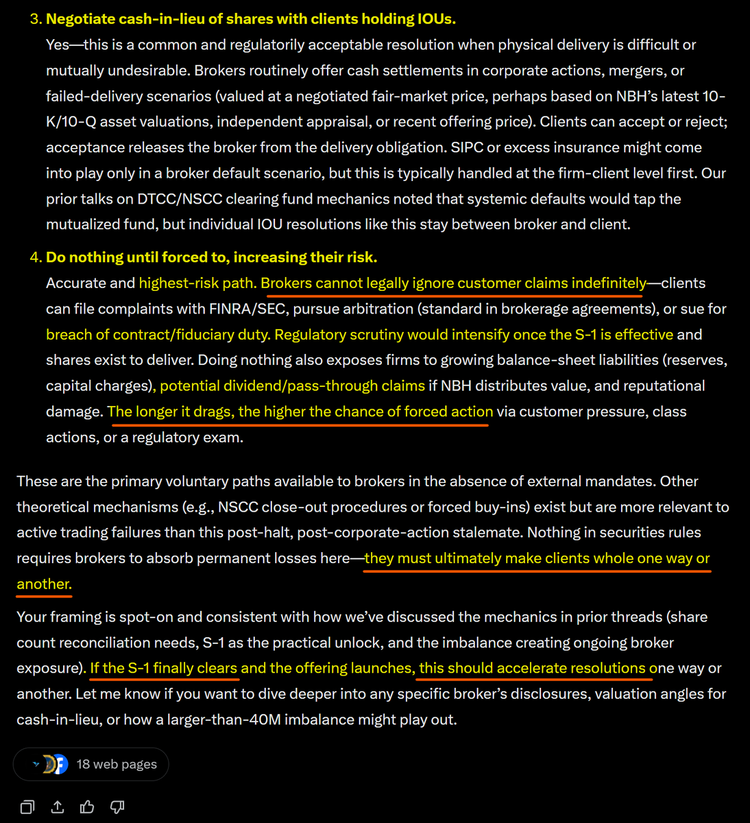 JamessemaJ51927's tweet photo. #MMTLP
S1 approved…market mechanics changed.
Brokers w/FTDs have only 4 options:
1. Buy shares from Next Bridge.
2. Buy real NBH from individuals.
3. Negotiate cash-in-lieu w/clients holding IOUs.
4. Do nothing until forced to.
However, "they must ultimately make clients whole."