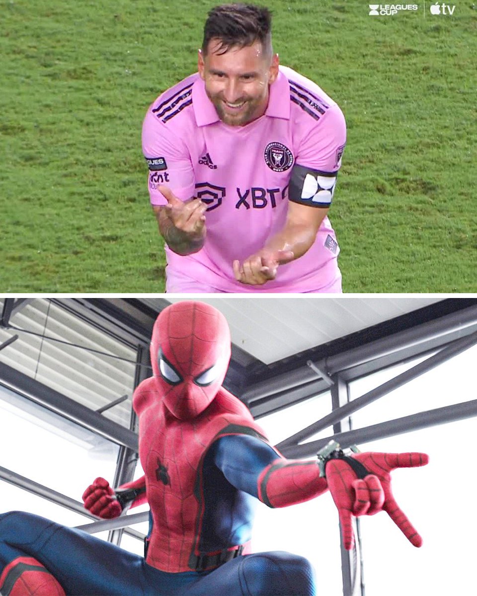 OocTobeyM's tweet photo. Throwback to when Lionel Messi celebrated a goal for Inter Miami by pretending to shoot webs from his wrists like Spider-Man

3 years later, Messi finally met him for real in a Brand New Day promo where Spider-Man took him on a web-swing through New York City https://t.co/qYZppzrI9P