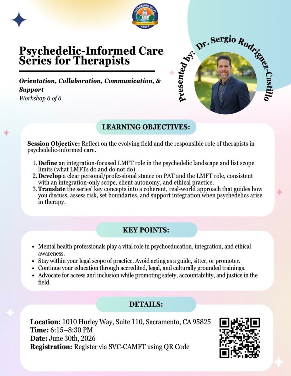 SacTherapy's tweet photo. Part VI: The LMFT’s Role in the Psychedelic Landscape 🌲 

Join me for the final CAMFT session TODAY @ 6:15 PM❕️ LMFTs can support psychoeducation, preparation, &amp; integration, but maintain their legal scope and professional competence. 💫

Register ➡️ https://t.co/SWJuMeL0sQ https://t.co/kt4qrITAEJ