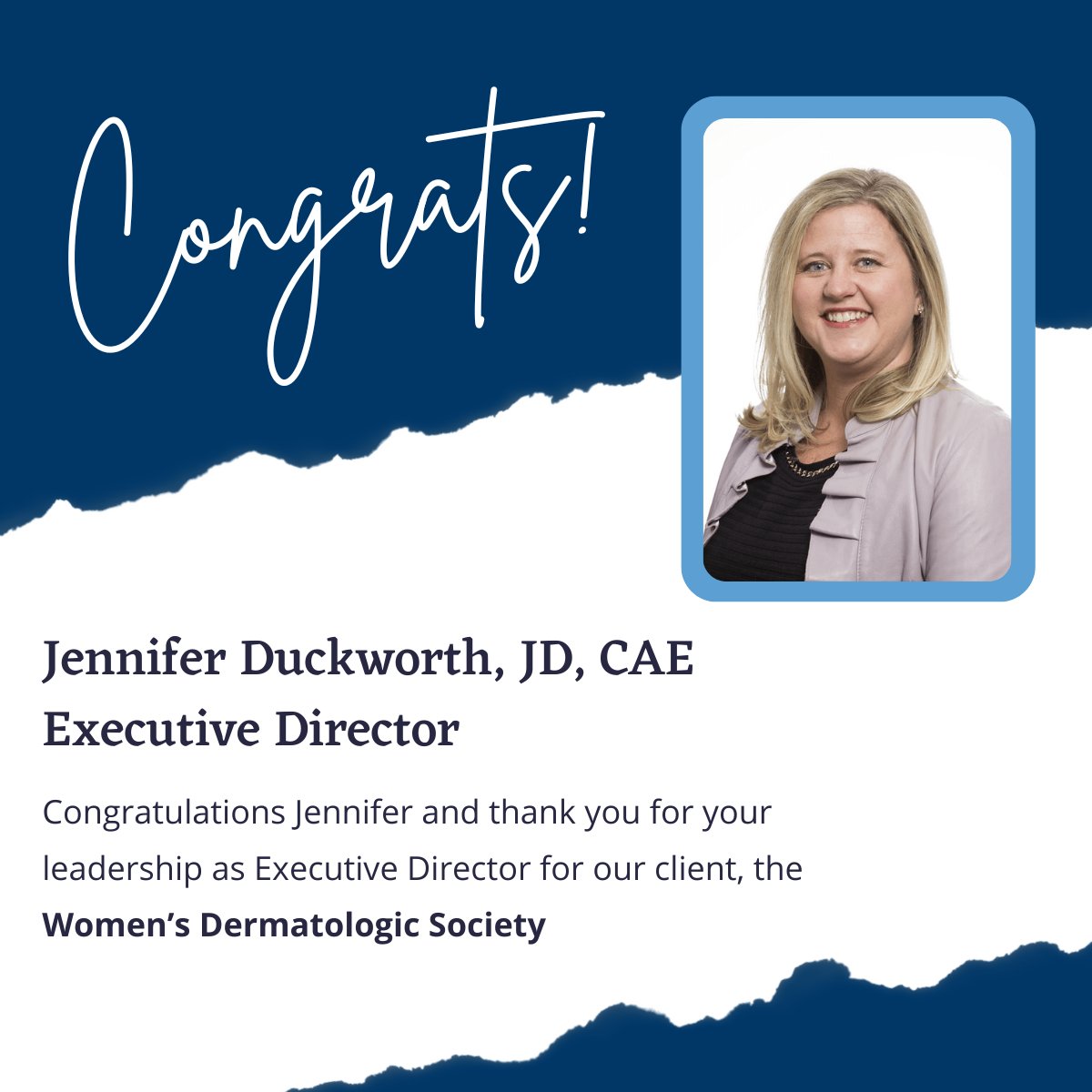 AMRMS's tweet photo. Jennifer Duckworth, JD, CAE, who consistently brings expertise, integrity, and heart to everything she does, was recently named Executive Director for our client, the Women's Dermatologic Society. Congrats!

#WomensDermatologicSociety #AMRMS #HelpingAssociationsChangeTheWorld https://t.co/C0vmzr1LqK