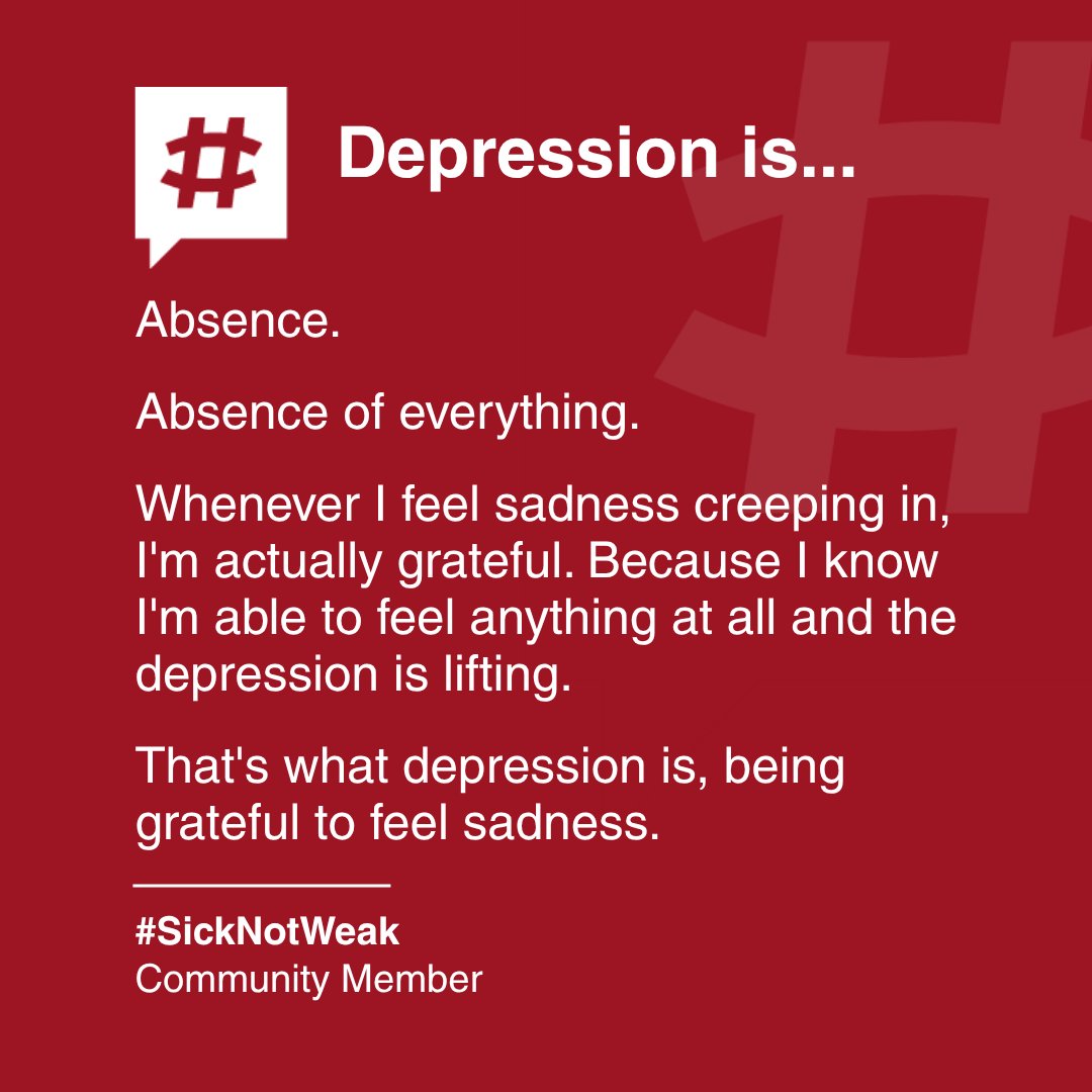 SickNotWeak's tweet photo. "Absence.
Absence of everything.
Whenever I feel sadness creeping in, I'm actually grateful. Because I know I'm able to feel anything at all and the depression is lifting.
That's what depression is, being grateful to feel sadness."
- #SickNotWeak Community Member
#Depression https://t.co/FF3AqzMM5E