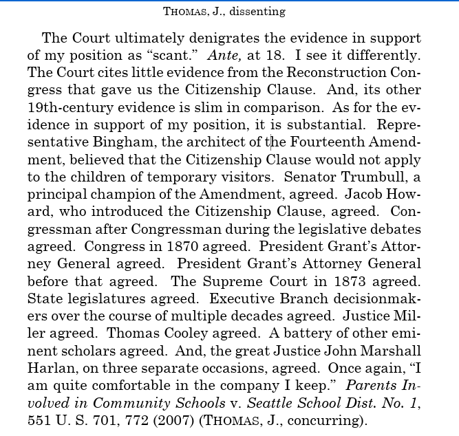AmySwearer's tweet photo. The Majority: "There's scant evidence that anyone ever disagreed with our interpretation of birthright citizenship."

Justice Thomas: https://t.co/yOrxImoevZ