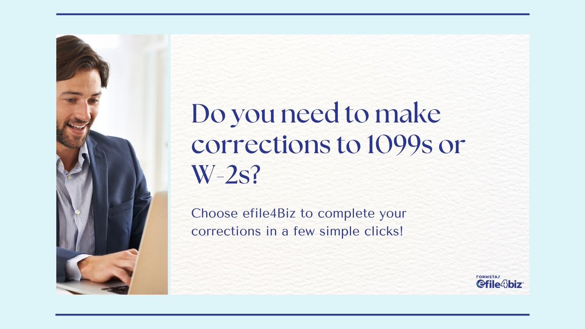 efile4Biz's tweet photo. If you find an error after sending your 1099s and W-2s, issue a corrected form to stay compliant 👍

https://t.co/ACVTKjq2rj https://t.co/3suBlool0s
