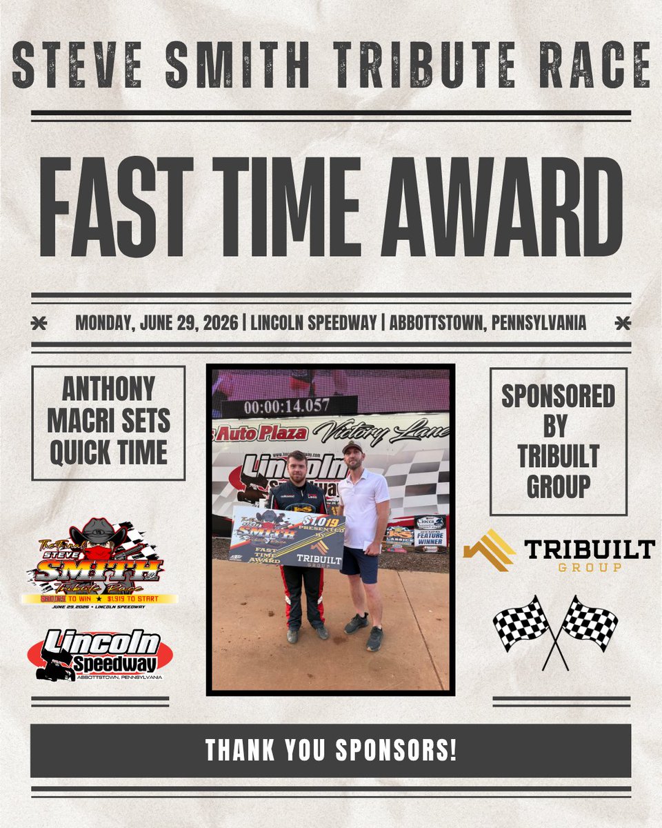 lincolnspeedway's tweet photo. 𝐒𝐭𝐞𝐯𝐞 𝐒𝐦𝐢𝐭𝐡 𝐑𝐚𝐜𝐞 𝐂𝐨𝐧𝐭𝐢𝐧𝐠𝐞𝐧𝐜𝐲 𝐀𝐰𝐚𝐫𝐝𝐬
@AnthonyMacri7 set quick time and was presented $1,019 from the TriBuilt Group https://t.co/D4YQ3LIARx