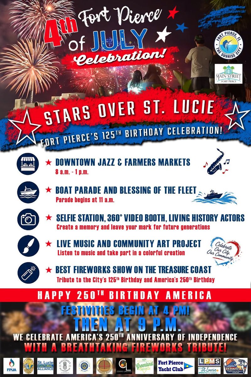 TeamFPUA's tweet photo. Come out and visit us on July 4th at Marina Square for Stars Over St. Lucie! This year, FPUA is proudly displaying the American flag from one of our bucket trucks and sponsoring the fireworks show later in the evening. Visit FPUAnet Communications to catch the livestream. https://t.co/srjrPHIC7N