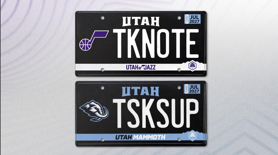 BagleyKSLsports's tweet photo. New Jazz &amp; Mammoth license plates will be available through the DMV.

Jazz will be available July 1.

Mammoth is TBD on availability. https://t.co/wIQ15MusIC