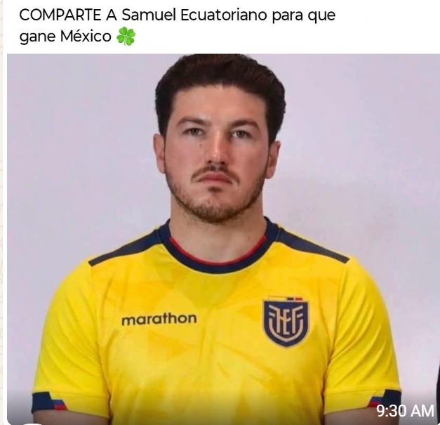 jorge_kato's tweet photo. Comparte a este Samuel Ecuatoriano, para que gane México ...

El Samuel de la Suerte !!!

Por favor @samuel_garcias no te vayas a poner el jersey de México; pinche vato salado, no le sale ni una !!! https://t.co/Ovz9ntQxjx