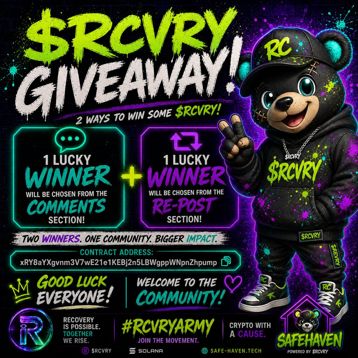 Rcvrycoin's tweet photo. 🎉 $RCVRY Giveaway! 🎉

One lucky winner will be selected from the comments, and one lucky winner will be selected from the reposts to receive some $RCVRY! 🚀

Contract Address:

xRY8aYXgvnm3V7wE21e1KEBj2n5LBWgppWNpnZhpump

🍀 Good luck to everyone, and welcome to the Recovery Coin community! Together, we're building something bigger than crypto. 💚

#Solana #Recoveryispossible #RecoveryCoin #RCVRY