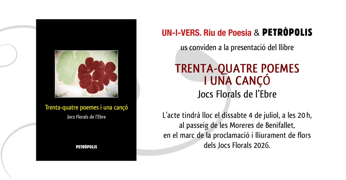 EdiPetropolis's tweet photo. Presentem el llibre "Trenta-quatre poemes i una cançó" aquest dissabte, 4 de juliol, al passeig de les Moreres de Benifallet, dins el Festival UN-I-VERS Riu de poesia. No hi falteu!
https://t.co/efwbF3XznQ https://t.co/5HnfpdXPYF