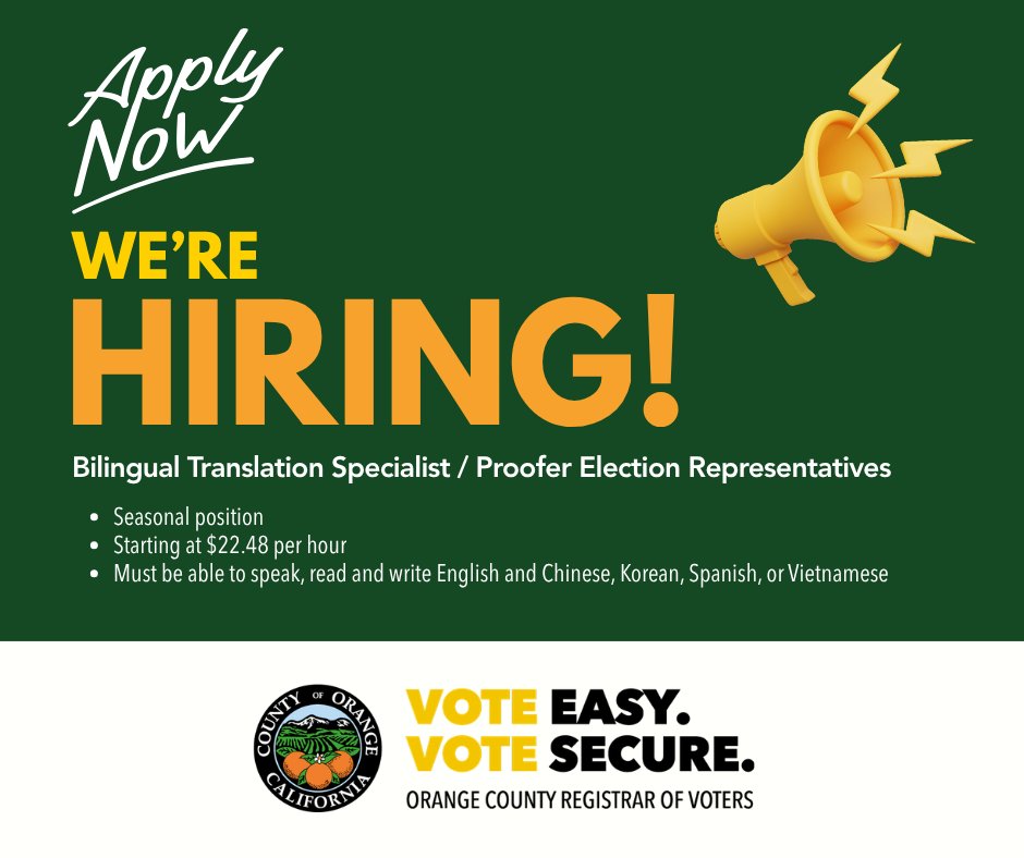 OCRegistrar's tweet photo. Are you a bilingual professional looking for valuable experience and a chance to serve your community? Join ROV as a Bilingual Translation Specialist/Proofer Election Rep. 

Learn more about this job and others with ROV at https://t.co/T5KirwHK7Q.  #ocvote https://t.co/HDsVWkftmx