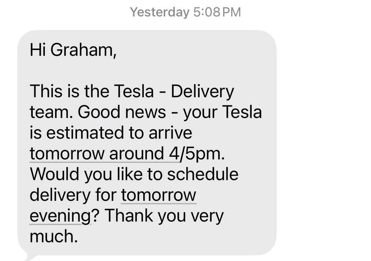 gsrobins's tweet photo. March: Order Tesla Model Y
April: 🦗
May: 🦗
June: 🦗
June 29: your car is estimated to arrive tomorrow by 4/5pm
June 30: 12 business minutes later: TAKE YOUR FUCKING TESLA RIGHT FUCKING NOW OR WE’RE GIVING IT TO SOMEONE FUCKING ELSE
#tsla #tesladelivery https://t.co/4Mei8QWhZk