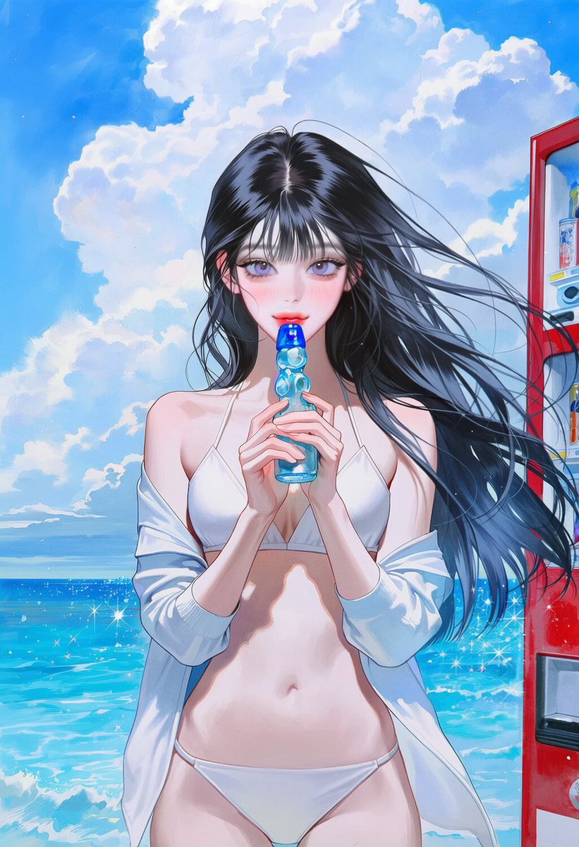 JollyPong_'s tweet photo. 해변 자판기 프롬 공유👙🏖️

1person,
medium full shot,
1.7::standing in front of a seaside vending machine::,
2::holding a freshly opened ramune bottle::, 2::drinking from the bottle::,
soft smile,
swimwear, light beach cover-up, oversized open shirt,
summer breeze, hair gently flowing,
bright blue ocean, clear sky, fluffy white clouds,
sunlight reflecting on the water, sparkling sea,
beachside vending machine, colorful drink cans visible,
water droplets on the bottle, ice-cold drink,
fresh summer atmosphere, vacation mood, coming-of-age movie vibe,
cinematic lighting, masterpiece, best quality, highly detailed highly detailed