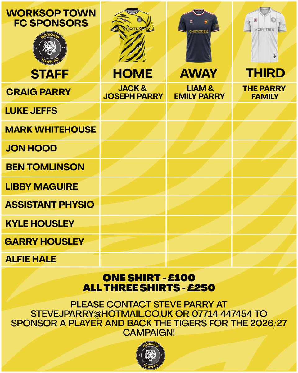 worksoptownfc's tweet photo. Support the club while showcasing your name or business by sponsoring a players or a member of staff for the 26/27 season!

👕 One shirt is £100, or you can sponsor all 3️⃣ shirts for £250!

✉️ If you're interested, email stevejparry@hotmail.co.uk or calling 07714 447454.

#UTT🐯 https://t.co/a2KORplWqt