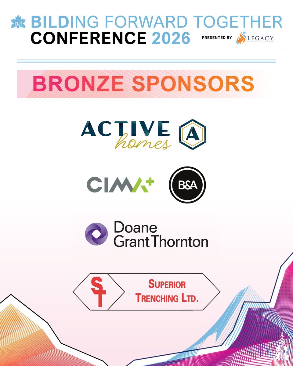 BILDAlberta's tweet photo. It takes a lot of support to bring together the industry’s best. Thank you to our 🥉Bronze Sponsors✨ for theirs!

Active Homes
CIMA+ | B&amp;A
Doane Grant Thornton
Superior Trenching https://t.co/gxacB24Ymy