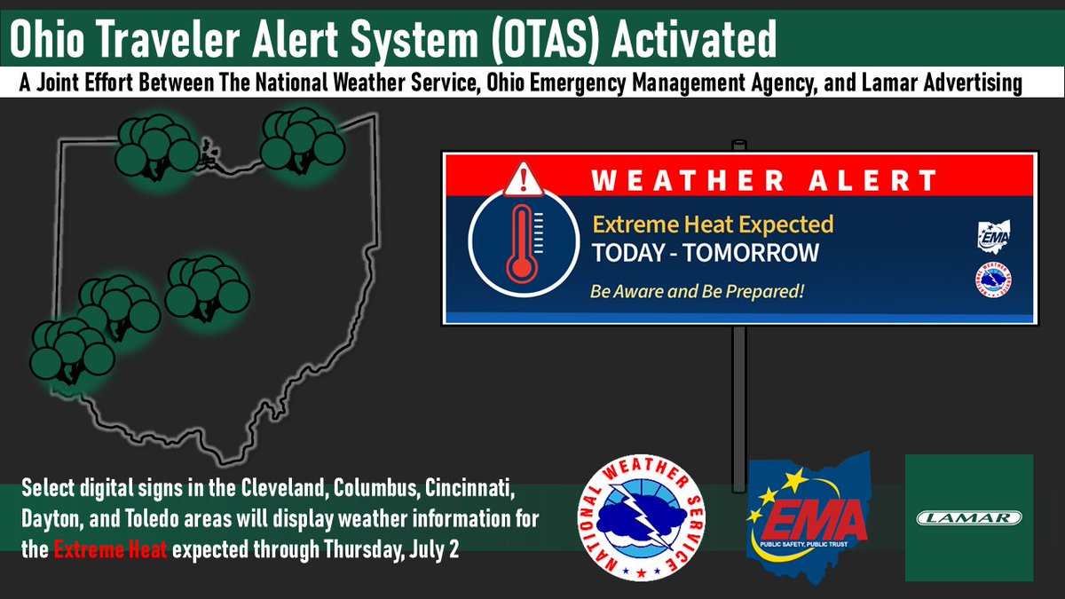 NWSILN's tweet photo. The Ohio Traveler Alert System (OTAS) has been activated across the State of Ohio for this extended period of extreme heat. A big thank is extended to our partners at @Ohio_EMA and Lamar for their efforts and collaboration to make this program possible! https://t.co/vjUxf7dgCI