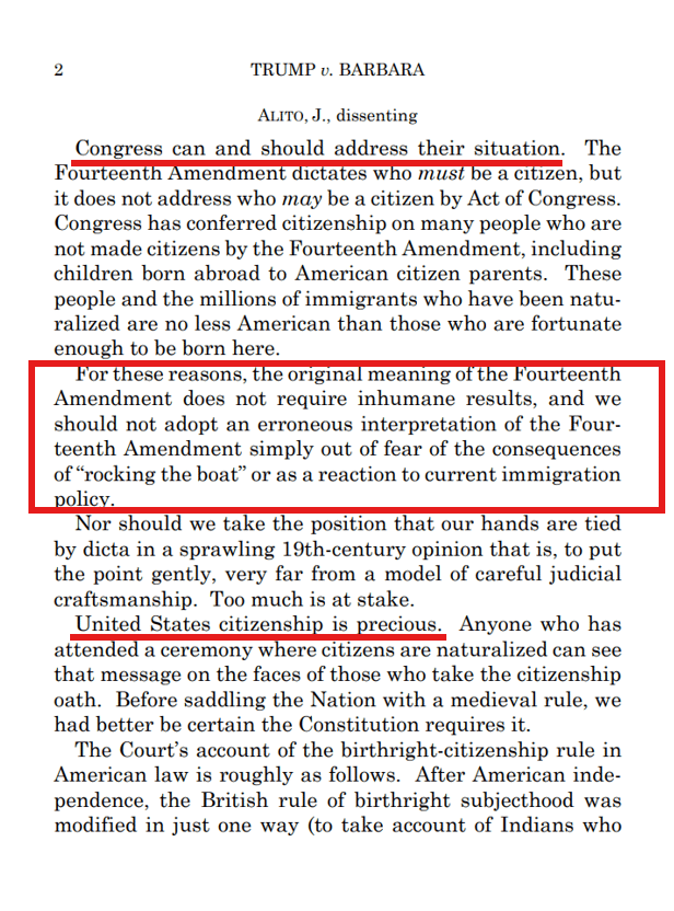 SenEricSchmitt's tweet photo. Justice Alito is a patriot.

HERE he calls out the majority's terrible Birthright Citizenship for coming "simply out fear of the consequences of 'rocking the boat.'"

"United States citizenship is precious." He calls out the majority for degrading it. https://t.co/kpWmGksnbm