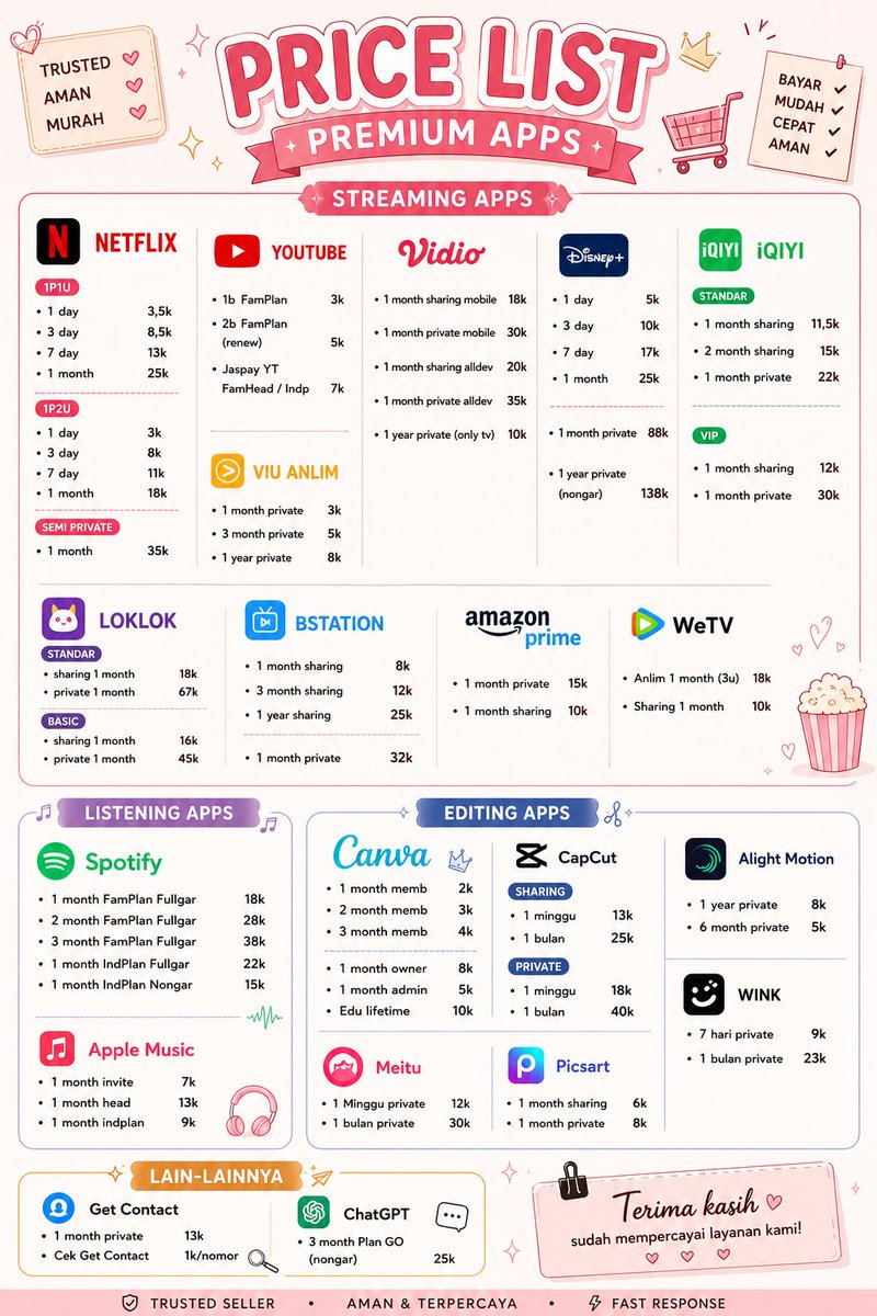 cllylyyy's tweet photo. READY READYYY! SEMUANYA SERBA ADAA, Netflix, Canva, viu, iqiyi, disney, capcut, wetv, appmus, gpt, vidio, youtube, Spotify, alight motion, wink, dll. Yang mau nokos, jasa edit, atau akun twitter/x bilang aja sayy bisa diatur semuanyaaa 😽🫶🏻
#zonauang #bealanja #zonajajan️️ https://t.co/1leEkexzBX