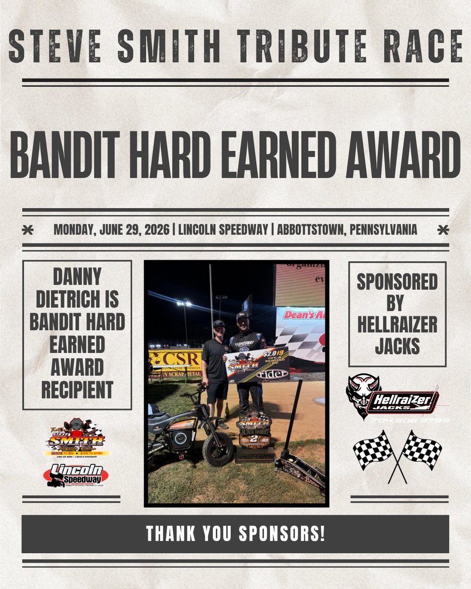 lincolnspeedway's tweet photo. 𝐒𝐭𝐞𝐯𝐞 𝐒𝐦𝐢𝐭𝐡 𝐑𝐚𝐜𝐞 𝐂𝐨𝐧𝐭𝐢𝐧𝐠𝐞𝐧𝐜𝐲 𝐀𝐰𝐚𝐫𝐝𝐬
@dannydietrich scores the Bandit Hard Earned Award and was presented with a Custom Bandit Themed Hellraizer Jacks, Inc https://t.co/t2HO0b7NL1