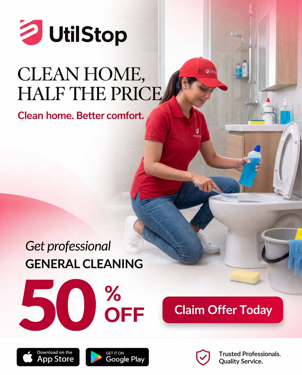 utilstop's tweet photo. 🧼 Your home deserves a refresh! Why spend your weekends cleaning when the pros can do it for you? ✨

Book UtilStop's General Cleaning Service today and enjoy 50% OFF for a limited time. Clean home, better comfort. 🏠

⏳ Hurry, offer ending soon!

#HomeCleaning #DeepCleaning https://t.co/W41RycSDZl