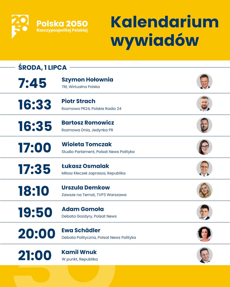 PL_2050's tweet photo. Jutro w mediach (1.07):
07:45 - @wirtualnapolska - @szymon_holownia 
16:33 - @PolskieRadio24 - @strach_piotr 
16:35 - @RadiowaJedynka - @romowiczbartosz 
17:00 - @polsat_news_pol - @WioletaTomczak 
17:35 - @RepublikaTV - @LukaszOsmalak 
18:10 - @TVP3Warszawa - @UrszulaDemkow 
19:50 - @PolsatNewsPL - @GomolaAdam 
20:00 - @polsat_news_pol - @SchaedlerEwa 
21:00 - @RepublikaTV - @KamilWnuk22 

Zachęcamy do oglądania!💛