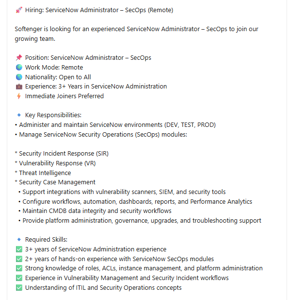 Applyajadulu's tweet photo. 🚨HIRING REMOTE
📌 Posisi: Administrator ServiceNow – SecOps 
🌎 Kewarganegaraan: Terbuka untuk Semua 
💼 Pengalaman: 3+ Tahun dalam Administrasi ServiceNow 
⚡ Diutamakan yang Bisa Segera Bergabung https://t.co/OBB9zMGlRT