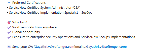 Applyajadulu's tweet photo. 🚨HIRING REMOTE
📌 Posisi: Administrator ServiceNow – SecOps 
🌎 Kewarganegaraan: Terbuka untuk Semua 
💼 Pengalaman: 3+ Tahun dalam Administrasi ServiceNow 
⚡ Diutamakan yang Bisa Segera Bergabung https://t.co/OBB9zMGlRT