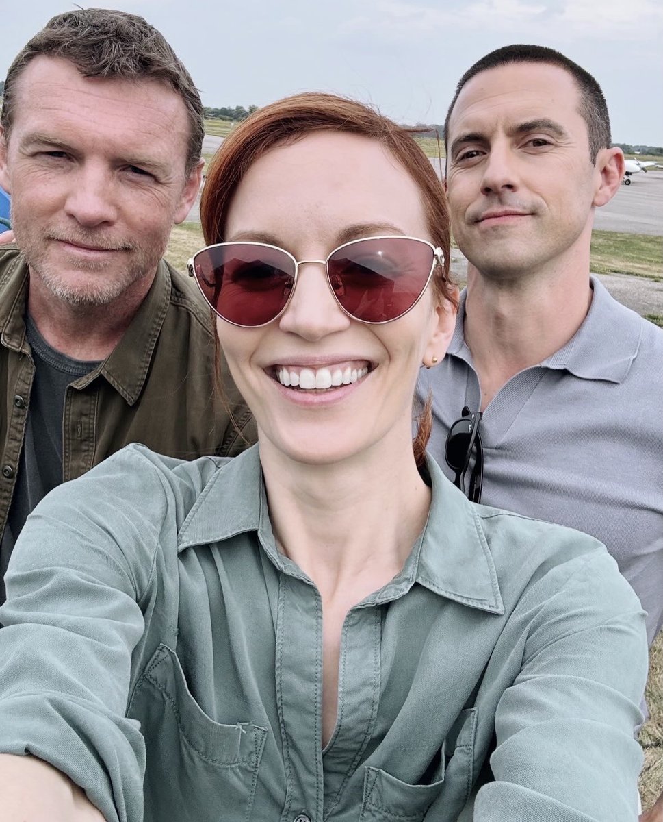 HarlanCoben's tweet photo. BTS of I WILL FIND on Netflix.  Britt Lower taking a selfie and photobombed by a couple of randos.... https://t.co/8EQi4Lde2O