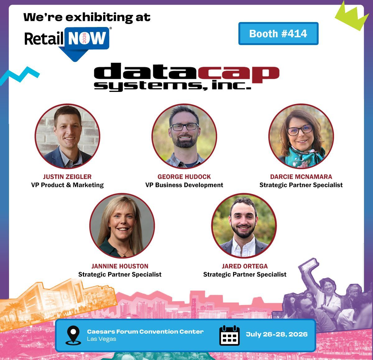 DatacapSystems's tweet photo. We're exhibiting at RSPA's #RetailNOW in Las Vegas, July 26-28! Come see how Datacap's universal integration adds omnichannel payments to any POS, on any processor, with support for dozens of devices from leading OEMs. Stop by Booth #414! #payments #Datacap #RetailNOW https://t.co/6XOEG9migM
