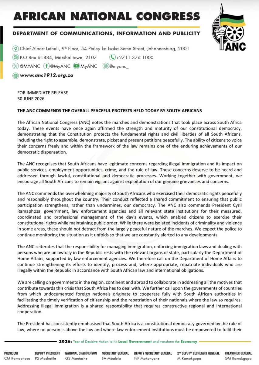 MYANC's tweet photo. THE ANC COMMENDS THE OVERALL PEACEFUL PROTESTS HELD TODAY BY SOUTH AFRICANS https://t.co/9ZkiWSlTUy