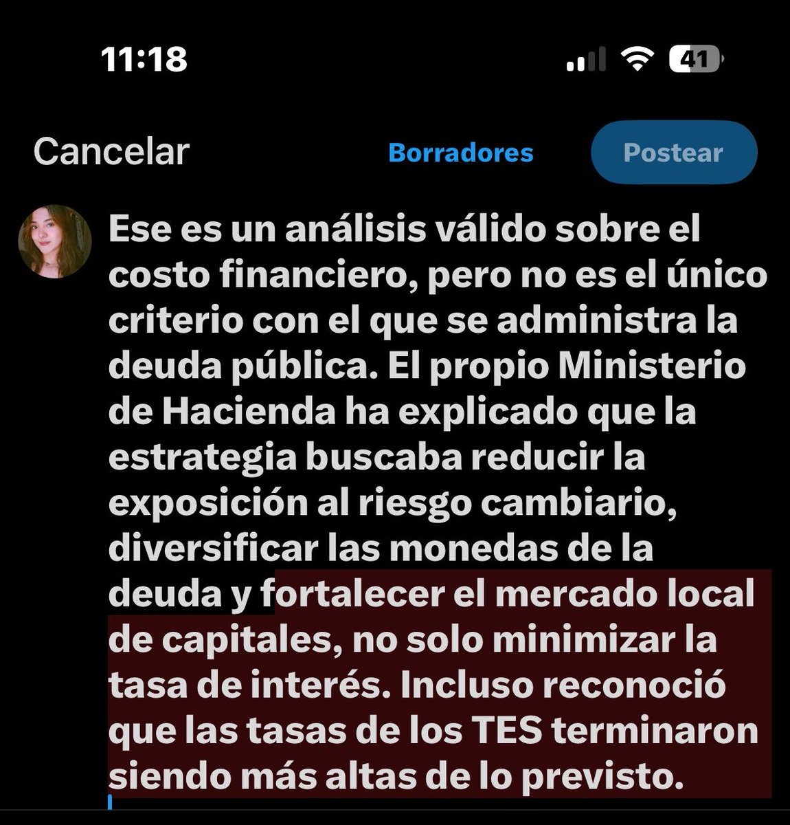 licos26's tweet photo. @Carlos_Arvid @jennygiraldo Y por eso el debate no es tan simple como "TES caros = mala decisión" o "menos deuda externa = buena decisión".Es una discusión técnica, no una conclusión única. https://t.co/MERzrhv2jw