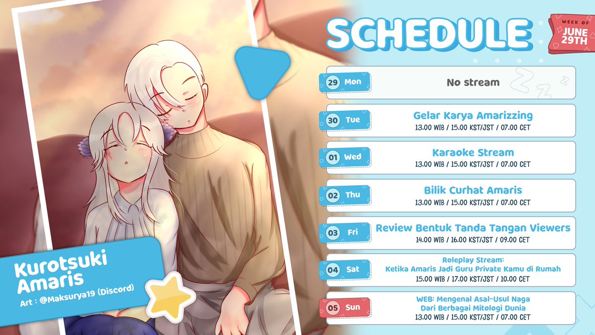 KuroAmaris's tweet photo. ✒️ SCHEDULE 29 JUNI - 05 JULI! ✒️

Wah di schedule minggu ini ada roleplay stream lagi nih! Terus ada stream lainnya yang gak kalah seru juga lho~

✒️General: #KurotsukiAmaris
✒️Live: #AmariStream
✒️Fanart: #Artmaris
✒️Meme: #AmariSilly
✒️Clip: #Amarishots
✒️Fan name: Amarizzing https://t.co/bk4fPvSPUb