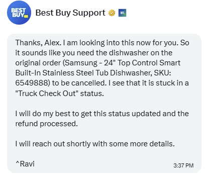 APairol's tweet photo. @BestBuySupport Please provide an update on my case.  Nobody is responding on the DM since Saturday. https://t.co/g9lRqesGaU