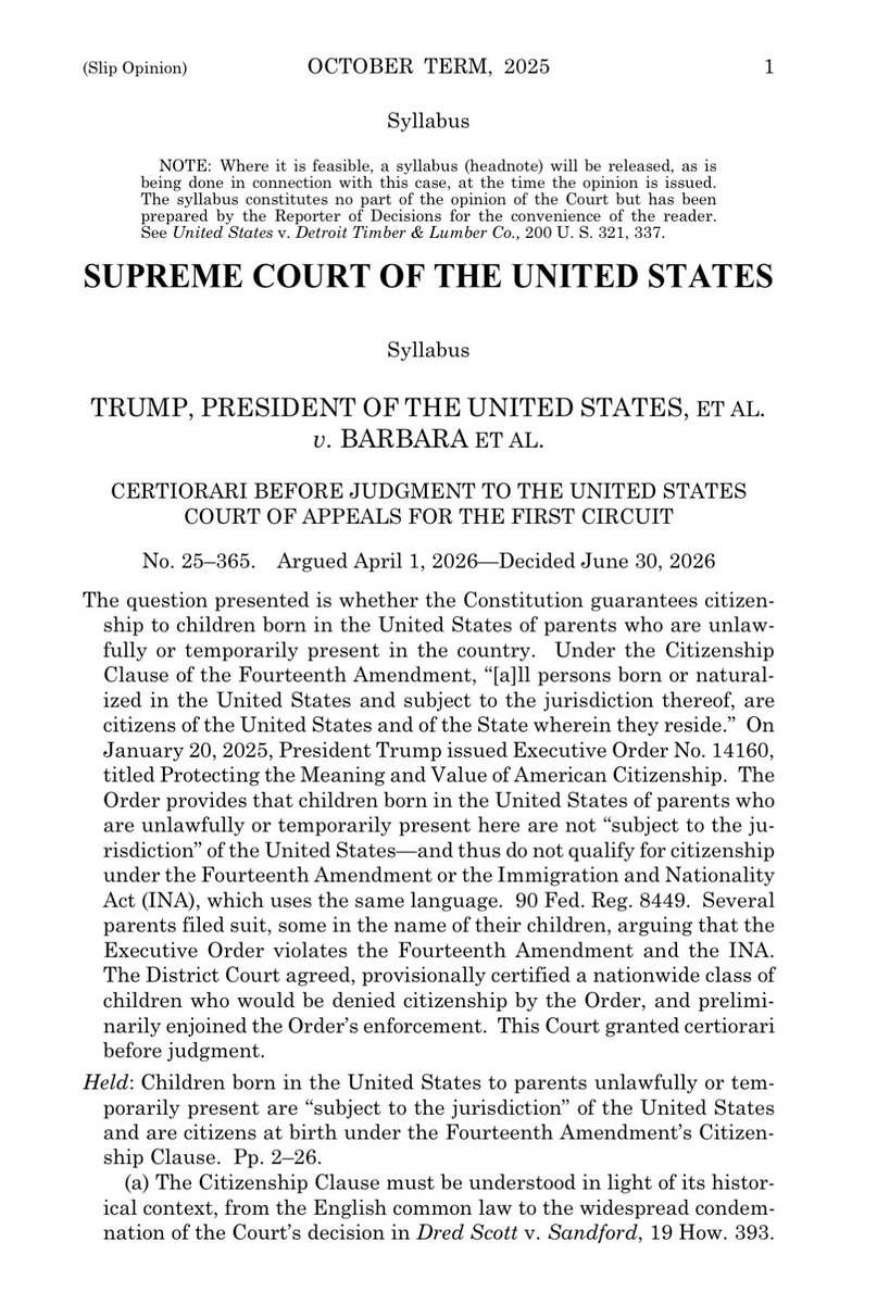 GregAbbott_TX's tweet photo. Today’s Supreme Court decision is a missed opportunity to restore the original meaning of the 14th Amendment. 

Birthright citizenship has become a powerful magnet for illegal immigration that will forever change our nation if left unaddressed. Automatic citizenship for children born to parents in the United States illegally or only temporarily is an absurdity that was never contemplated by our Constitution nor agreed to by the American people. 

Congress must clarify that American citizenship means something and does not extend automatically to children whose parents are in this country unlawfully or temporarily. The American people and the sovereignty of our nation deserve nothing less.