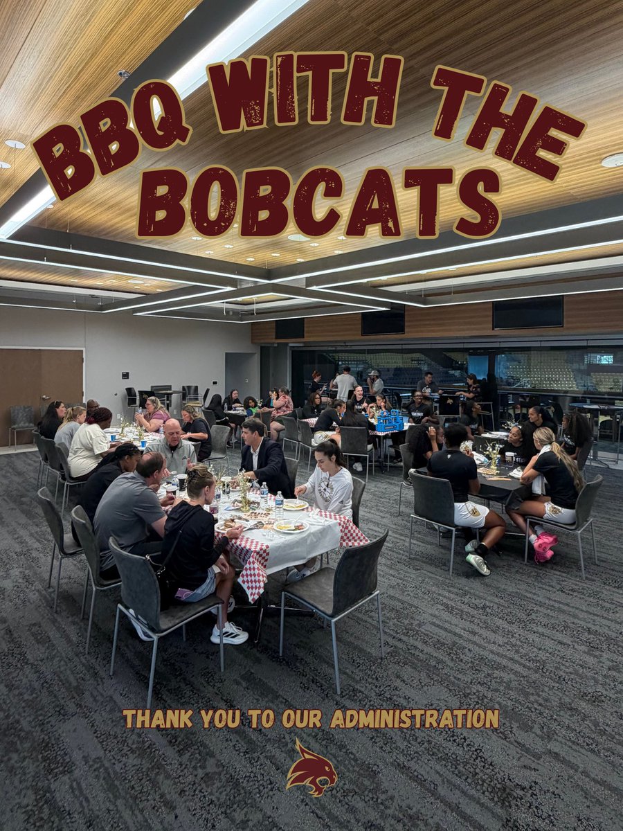TXStateWBB's tweet photo. BBQ, games, and great company. 🤠

Thank you to our Texas State administration for your continued support of Texas State Women’s Basketball. We appreciate all you do for our program!

#EatEmUpCats 😸 https://t.co/x5yzFfyDSX