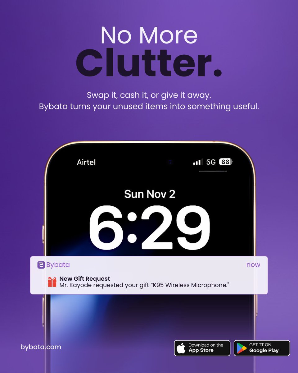 bybata_'s tweet photo. Your unused stuff could be someone's exact need right now.
Bybata makes swapping, selling, and gifting effortless.
Link in bio. #Bybata #TradeBybata #GiftingApp #DownloadNow https://t.co/32DGO1aITr https://t.co/h8vwbg5eJw