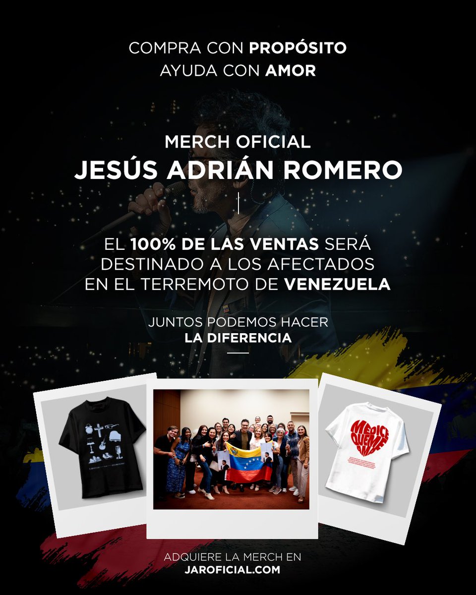 vastagomusic's tweet photo. Al adquirir merch oficial de Jesús Adrián Romero, el 100% de tu compra será destinado a apoyar a los afectados por el terremoto en Venezuela.

Gracias por sumar esperanza y ayuda. 
Disponible en https://t.co/qo6yHUZZDd 

#venezuela #terremoto #jesusadrianromero #jardetour https://t.co/iL5I9FZdbW