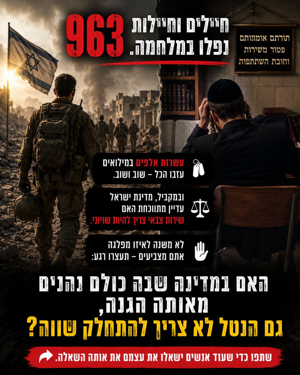HolySmokexxxx's tweet photo. 963 חיילים וחיילות נפלו מאז תחילת המלחמה.

עשרות אלפים השאירו מאחור משפחות, לימודים, עבודה ועסקים כדי להתייצב למילואים פעם אחר פעם.

ובמקביל, מדינת ישראל עדיין מתווכחת האם שירות צבאי צריך להיות שוויוני.

לא משנה לאיזו מפלגה אתם מצביעים, תעצרו רגע ותענו בכנות:

האם במדינה שבה כולם נהנים מאותה הגנה, האם גם הנטל לא צריך להתחלק בצורה שווה?

אם התשובה שלכם היא כן, אל תתנו לדיון הזה להיעלם מהכותרות.

שתפו כדי שעוד אנשים ישאלו את עצמם את אותה השאלה.