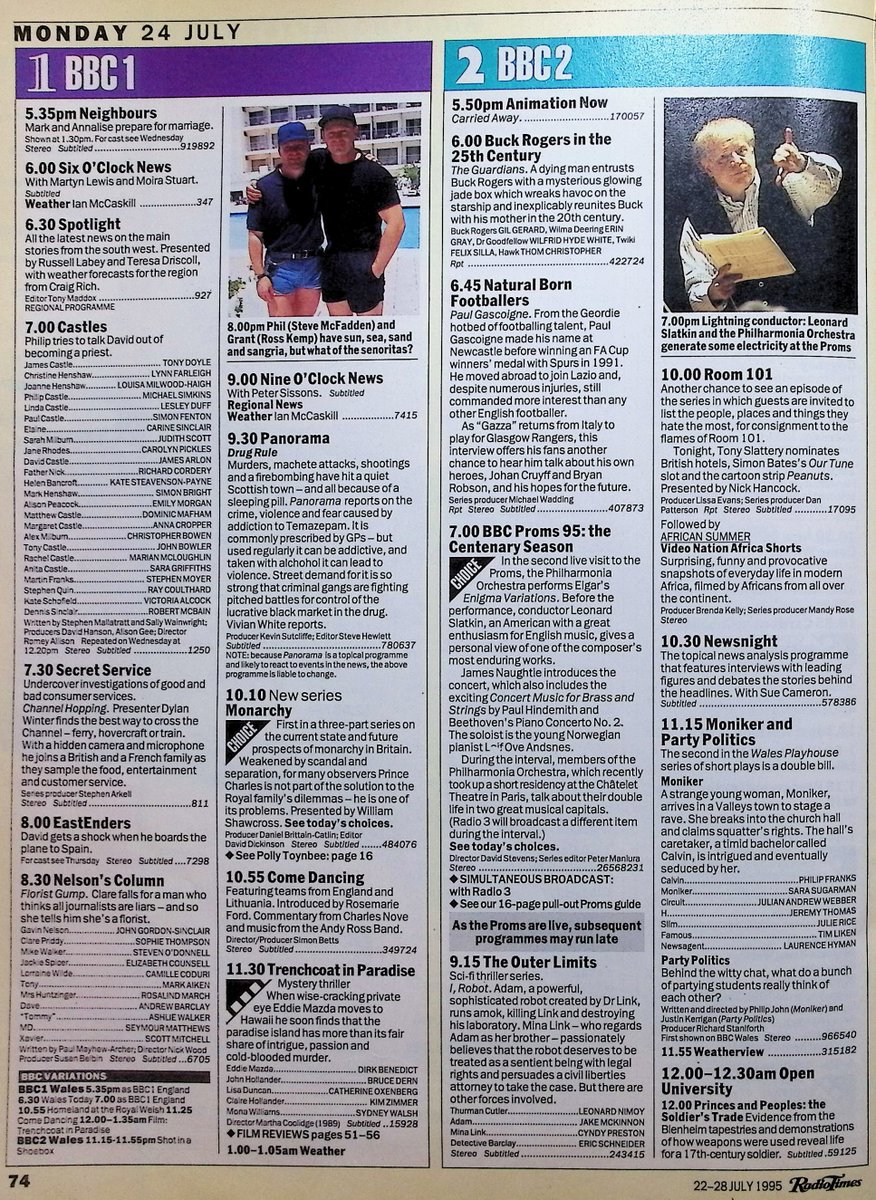 TvDidYouSee's tweet photo. #OnThisDay 24 July 1995 📺TV Listings
#DanniiMinogue takes THE BIG BREAKFAST roadshow to Blackpool and #AntheaTurner has Fun in the Sun in Torremolinos in GMTV.
#JohnGordonSinclair sitcom NELSON'S COLUMN continues.
#GriffRhysJones stars as a crooked torpedo man in COMEDY FIRST. https://t.co/mVcBQQgyWD