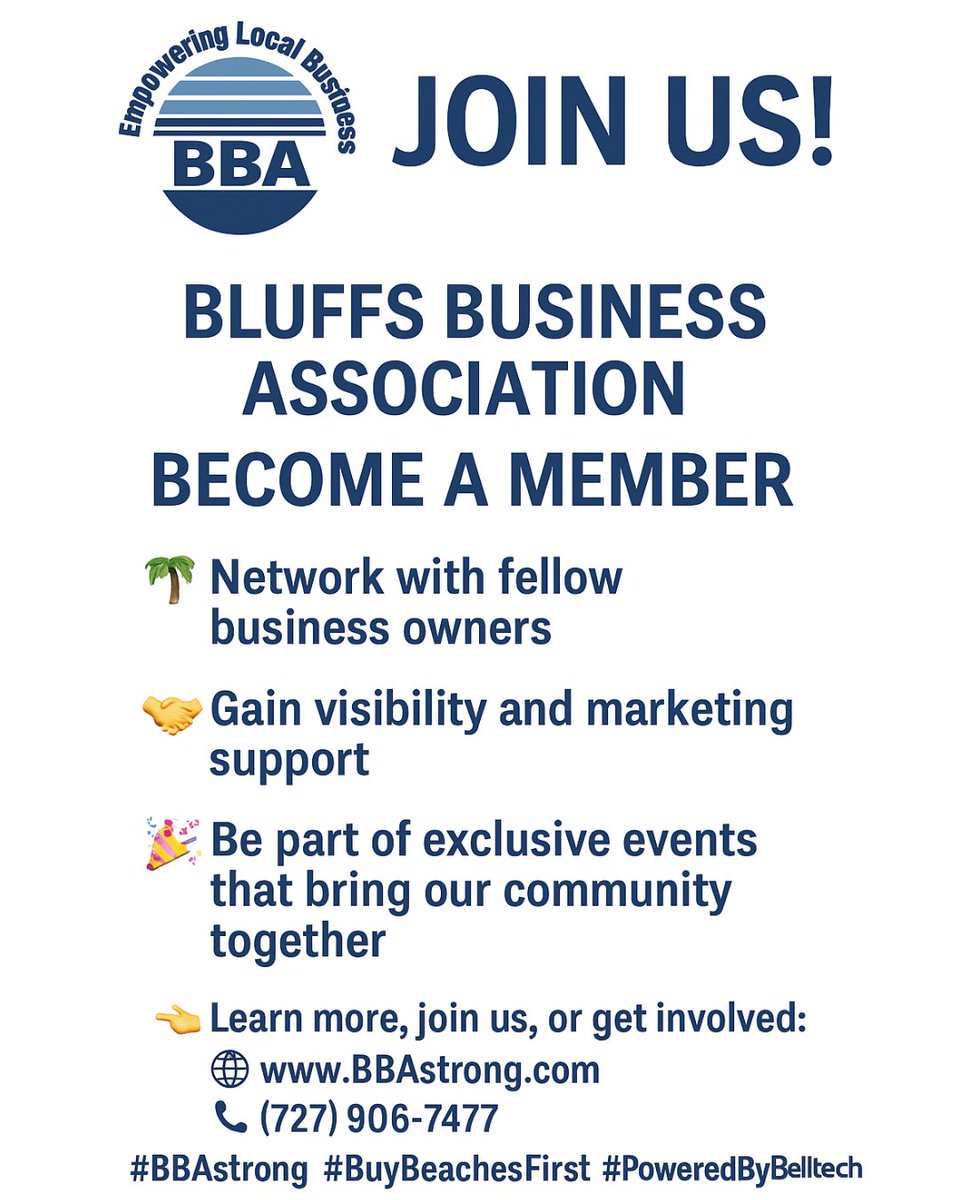 BluffsBusiness's tweet photo. 🌟 Ready to take your business to the next level? 🌟
Joining the Bluffs Business Association (BBA)
👉 Learn more, join us, or get involved:
🌐 https://t.co/1V6YX3nw1s
📞 (727) 906-7477
#BBAstrong #BuyBeachesFirst #PoweredByBelltech https://t.co/WB81HukWra
