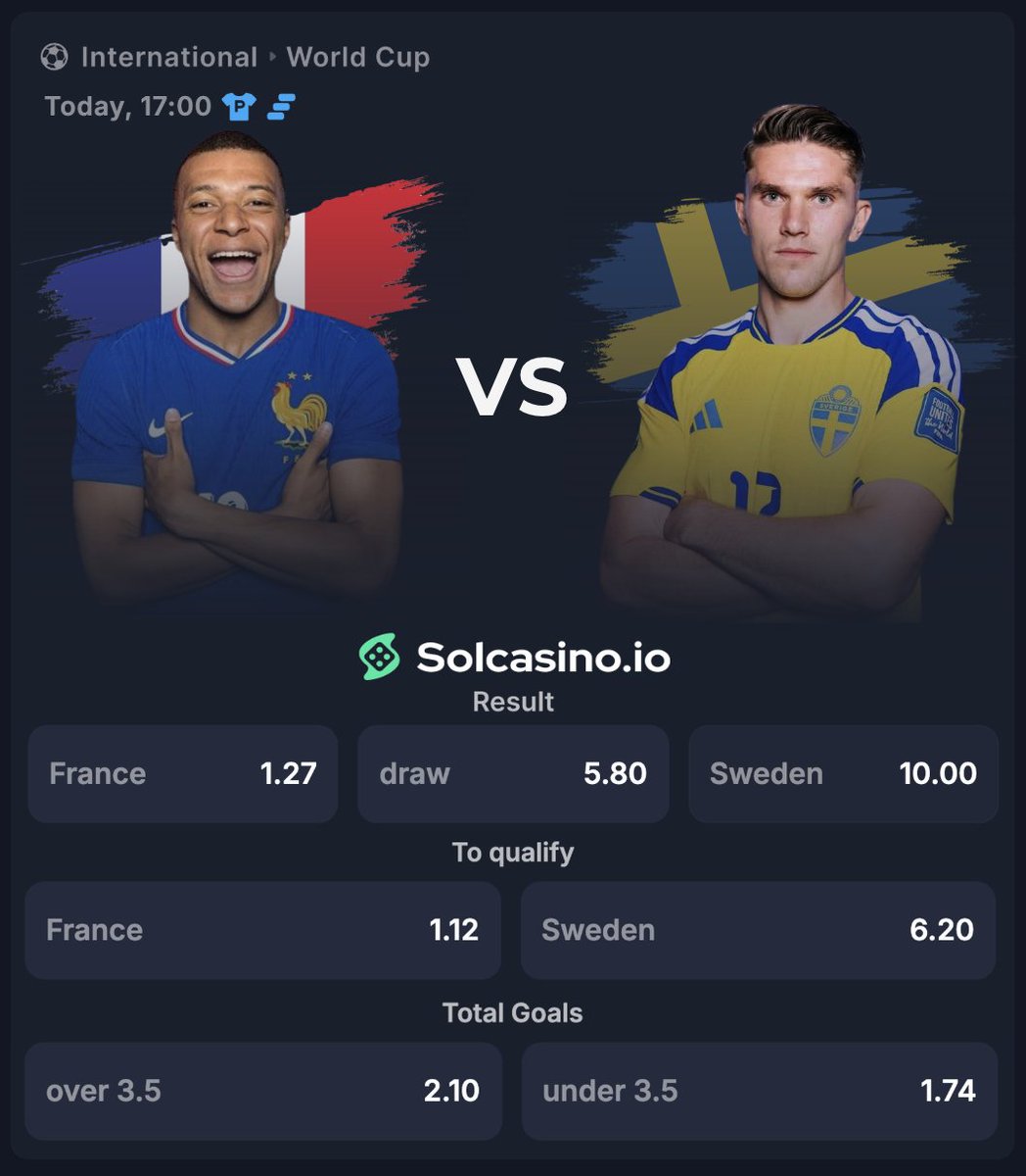 solcasino's tweet photo. France 🇫🇷 or 🇸🇪 Sweden? 🏆 #FRASWE 

Predict the Scoreline for a chance to win $200 free bet! ⚽️