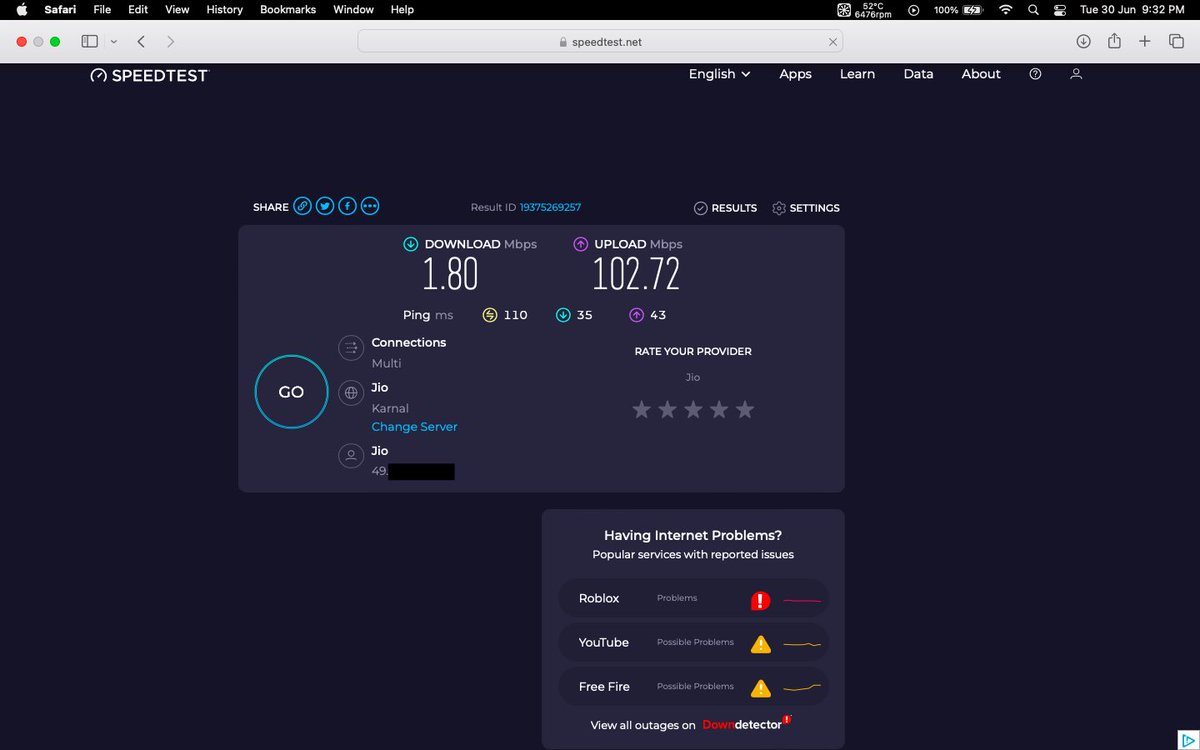ngoyat's tweet photo. @reliancejio @JioCare, I think your wires are crossed in Rohtak, Haryana. 🙃 Upload speeds are soaring over 100 Mbps, but download is crawling at less than 3 Mbps. Tested multiple servers and it’s happening to my friends here too. Is there an ongoing outage/issue? Reboot done!! https://t.co/FhLku7xyxt