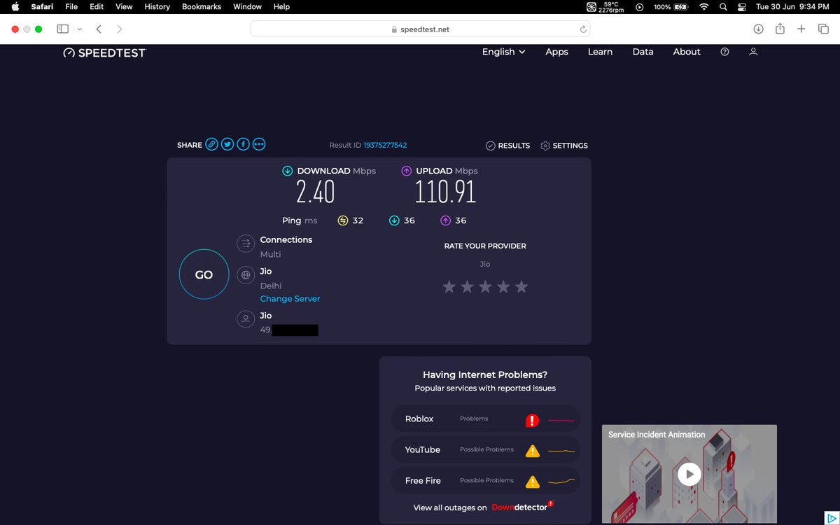 ngoyat's tweet photo. @reliancejio @JioCare, I think your wires are crossed in Rohtak, Haryana. 🙃 Upload speeds are soaring over 100 Mbps, but download is crawling at less than 3 Mbps. Tested multiple servers and it’s happening to my friends here too. Is there an ongoing outage/issue? Reboot done!! https://t.co/FhLku7xyxt