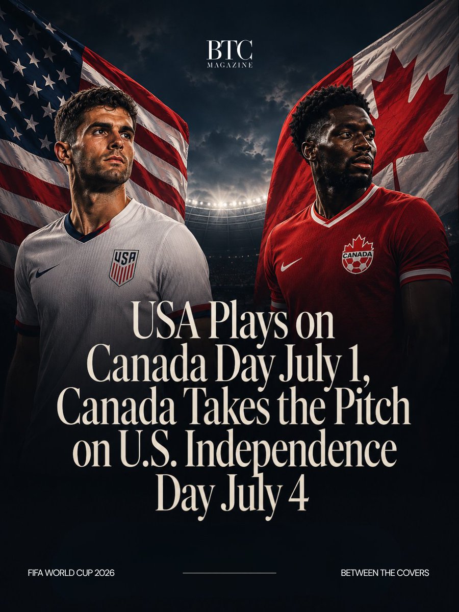 btcmag_ca's tweet photo. The 2026 FIFA World Cup is bringing a whole new meaning to "neighborly love" with a massive holiday swap! 🇺🇸⚽️🇨🇦

In a wild scheduling twist, the USMNT will take the pitch on Canada Day (July 1), while Canada Soccer will battle it out on U.S. Independence Day (July 4). https://t.co/0vDDfxYUSZ